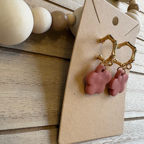 Handmade Pink Flower Earrings with Gold Bamboo Hoops | Boho Statement Jewelry - Picture 4 of 7